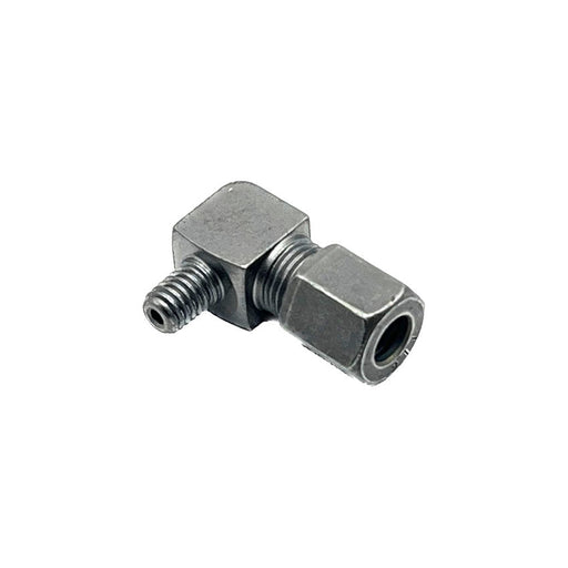  90-degree M6 x 6mm tube compression fitting, ideal for tight space connections in lubrication systems.