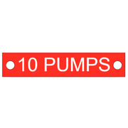 red acrylic sign labeled '10 Pumps,' size 100mm x 20mm, to mark grease points requiring ten pumps of lubrication