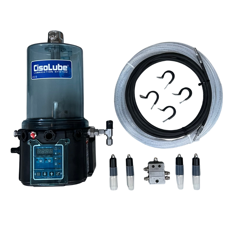 Cisolube lubrication system with hose and nozzles on a white background