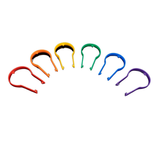 A set of color-coded safety straps for drum pumps, displayed in a spectrum of colors including red, yellow, green, blue, and purple.