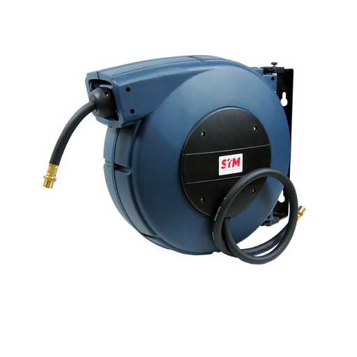 A blue plastic hose reel with a black hose attached and a brand logo that says 'STM'.