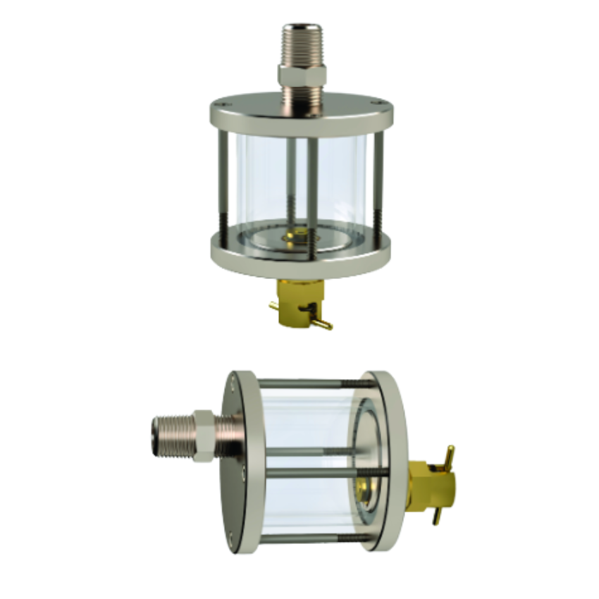 Two TRICO API Sump Bottles, one shown from the top view and the other from the side view, with clear glass bodies and metallic fittings.
