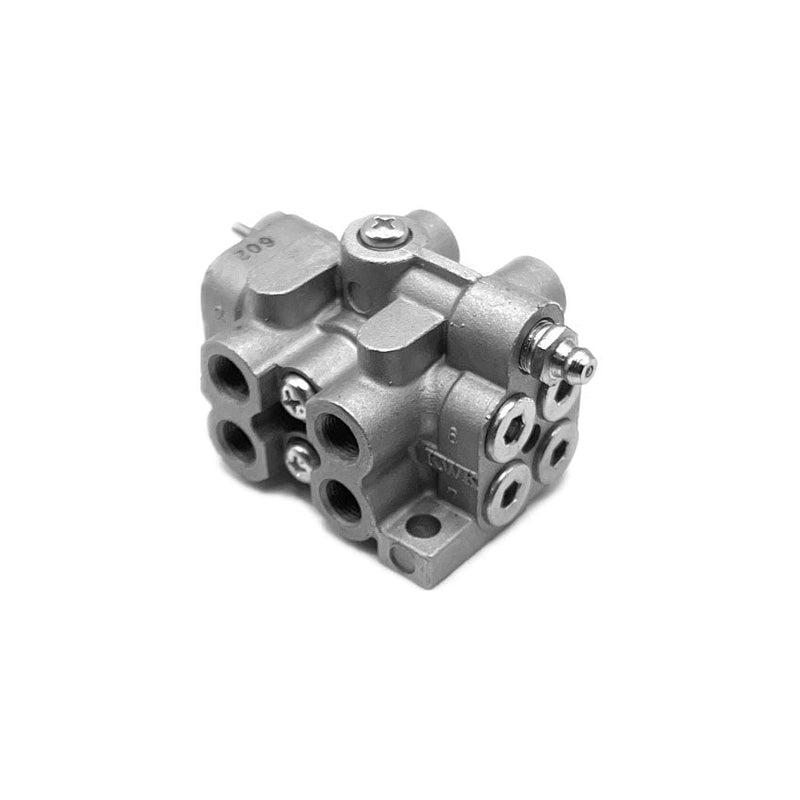 Image of aluminium 8 outlet grease divider valve, suitable for even grease distribution across multiple points.