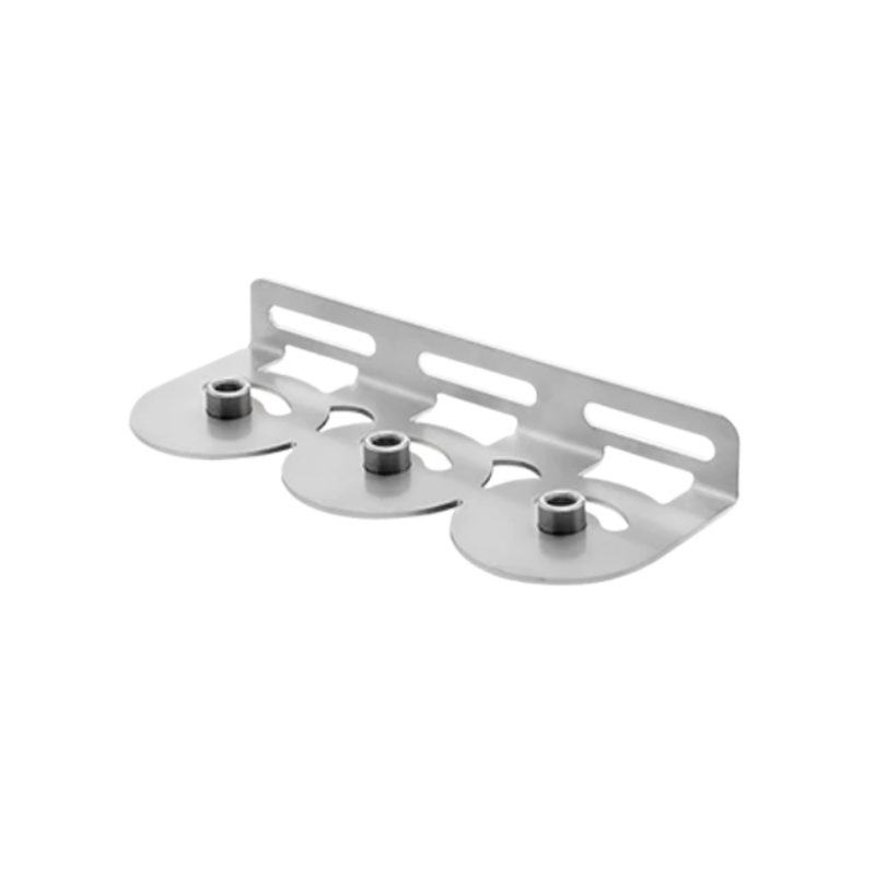 Stainless steel bracket with three circular holes on a white background